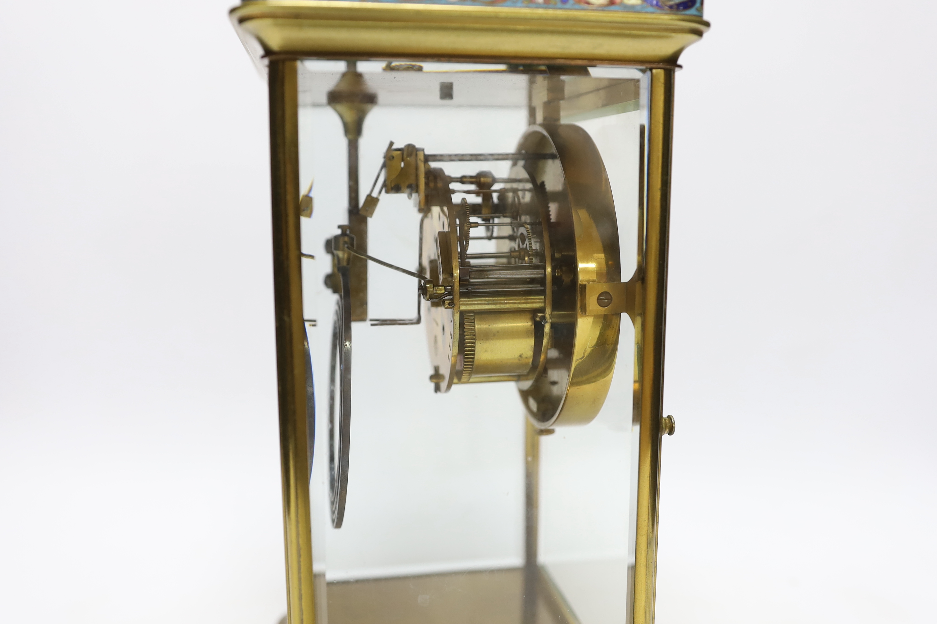 A late 19th century French brass and champleve enamel four glass mantel clock, 29cm